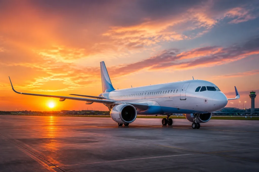 Airbus a320neo au coucher du soleil