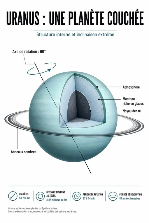 Uranus avec son axe de rotation incliné et sa structure interne