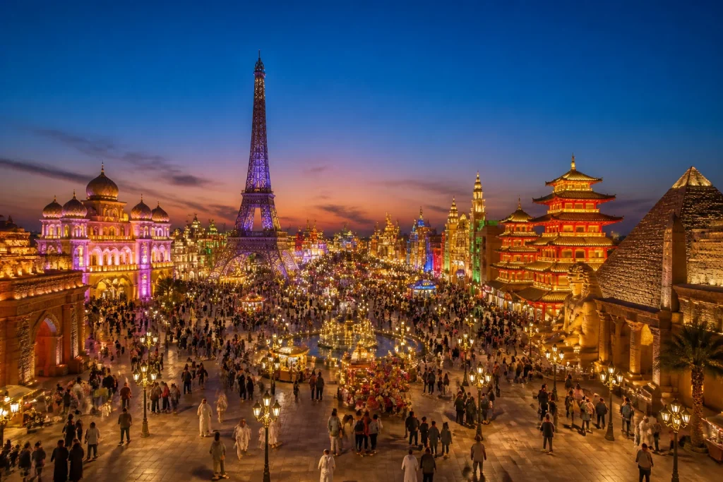 Village mondial illumine au crepuscule