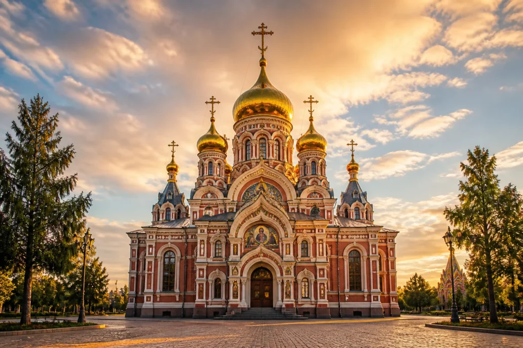 Cathedrale orthodoxe russe majestueuse au coucher du soleil