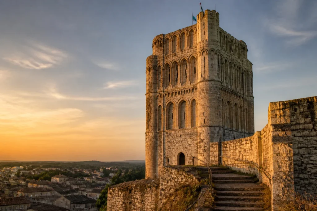Le donjon de pons au coucher du soleil