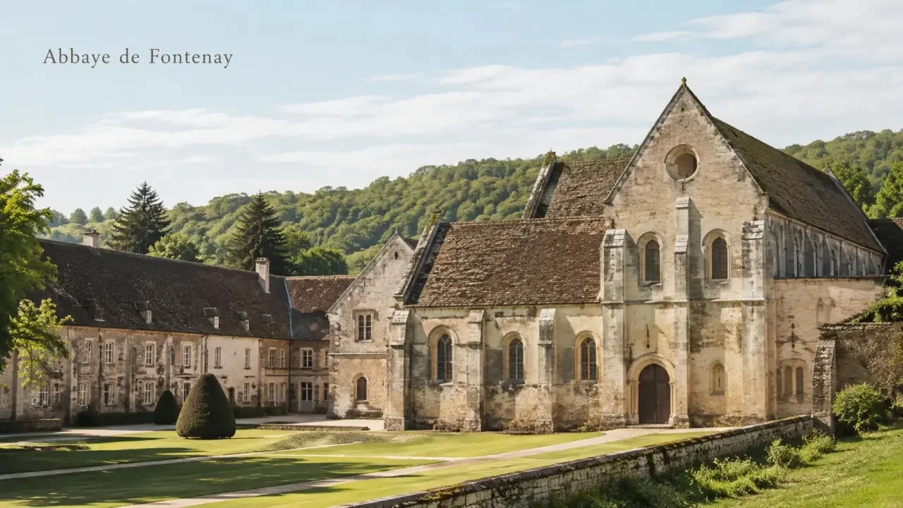 Abbaye de Fontenay Bourgogne : vue extérieure large de l’abbaye cistercienne dans la vallée de l’Auxois